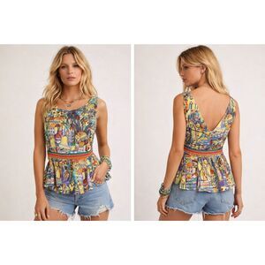Weston By Anthropologie Cityscapes Peplum V Back Top, Sz S Fairy Artsy Colorful
